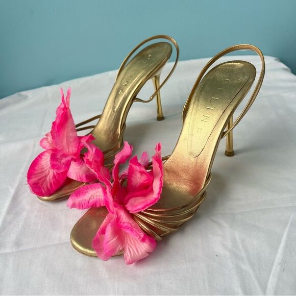 CELINE Gold Floral Flower Vintage Sling Back Kitten Heels Sandals Sz. 37 - Picture 1 of 10